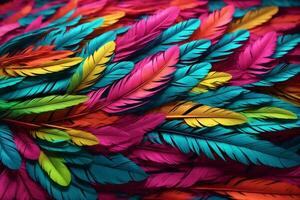 Neon Feather Background, Colorful Feather Wallpaper, Feathers Background, Fluffy Feather Texture, Feather Pattern, Feather Texture, Fur Texture, AI Generative photo
