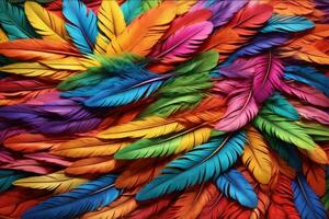 Rainbow Feather Background, Rainbow Colorful Feather Wallpaper, Multicolor Feathers Background, Colorful Feather Texture, AI Generative photo