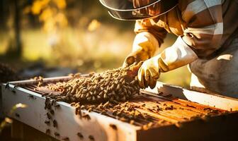 Generative Ai, beekeeper holding a honeycomb full of bees. Beekeeper inspecting honeycomb frame at apiary. Beekeeping  ,Beekeeper working collect honey photo