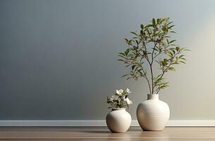 Generative Ai, empty room Minimalist style decorated with white concrete wall and plant  . photo