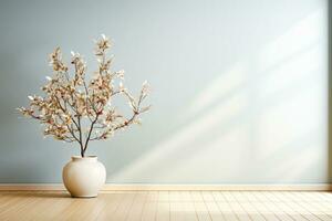 Generative Ai, empty room Minimalist style decorated with white concrete wall and plant  . photo