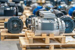 new electric motors on pallets in the warehouse photo