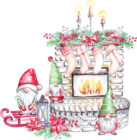 Christmas fireplace. Watercolor clipart png