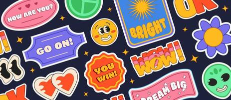 Retro Y2K sticker set with smile faces, characters, badges and small banners with cool cheering short phrases. Vector illustrations.