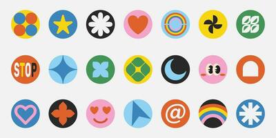 Pack of retro Y2K round colorful stickers with shapes and symbols, cool old style flat labels, buttons, application icons. Vector illustration.
