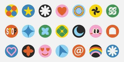 Pack of retro Y2K round colorful stickers with shapes and symbols, cool old style flat labels, buttons, application icons. Vector illustration.