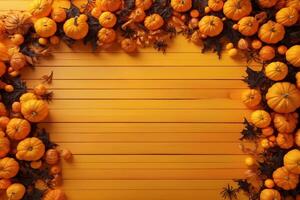 Halloween Elements on Wood Background, Halloween Party Border Wood Background, Halloween Background, AI Generative photo