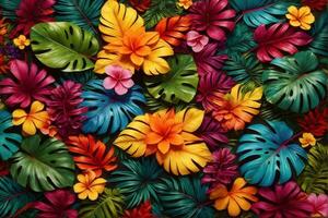 Colorful Tropical Leaves and Flowers, Tropical Flower Background, Exotic Leaves Background, Tropical Flower Wallpaper, AI Generative photo