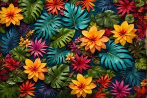 Colorful Tropical Leaves and Flowers, Tropical Flower Background, Exotic Leaves Background, Tropical Flower Wallpaper, AI Generative photo