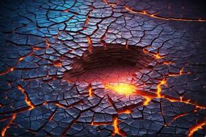 Neon Glowing Cracked Earth Texture Background, Earth Cracked Texture Background, Fire Inside Cracked Earth, Lava Background, AI Generative photo