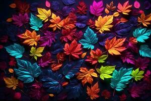 Neon Leaves Background, Dark Neon Leaves Background, Leaves Background, Leaves Wallpaper, Fallen leaves Background, AI Generative photo