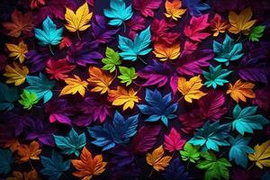 Neon Leaves Background, Dark Neon Leaves Background, Leaves Background, Leaves Wallpaper, Fallen leaves Background, AI Generative photo