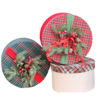 Round decorated box with colored ribbon- png