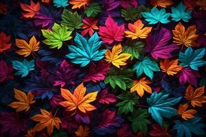 Neon Leaves Background, Dark Neon Leaves Background, Leaves Background, Leaves Wallpaper, Fallen leaves Background, AI Generative photo