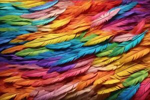 Rainbow Feather Background, Rainbow Colorful Feather Wallpaper, Multicolor Feathers Background, Colorful Feather Texture, AI Generative photo