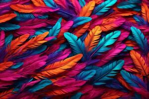 Neon Feather Background, Colorful Feather Wallpaper, Feathers Background, Fluffy Feather Texture, Feather Pattern, Feather Texture, Fur Texture, AI Generative photo