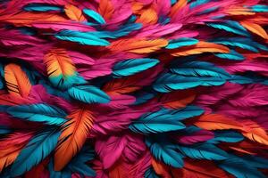 Neon Feather Background, Colorful Feather Wallpaper, Feathers Background, Fluffy Feather Texture, Feather Pattern, Feather Texture, Fur Texture, AI Generative photo