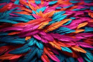 Neon Feather Background, Colorful Feather Wallpaper, Feathers Background, Fluffy Feather Texture, Feather Pattern, Feather Texture, Fur Texture, AI Generative photo