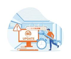 System Update. Tiny programmers upgrading operating system. flat vector modern illustration