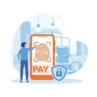 Secure payment modern flat concept for web banner design. Man makes online payment confirming his identity with fingerprint. flat vector modern illustration