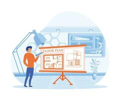 Man architect drawing house project floor plan at draftsman studio with adjustable drawing board desk. flat vector modern illustration