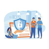 Data security. People and computer with shield and lock.  flat vector modern illustration