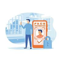 Man standing with a phone, identifies a face. Concept of facial recognition, face ID system, biometric identification. lat vector modern illustration