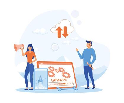 sistema actualizaciones con personas actualización operación en informática y instalación programas plano vector moderno ilustración