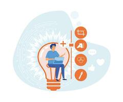 Woman developer or Designer sitting in lightbulb with laptop and works on creative project. flat vector modern illustration