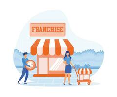 Franchise business composition with images of stores held by characters of business people with location signs. flat vector modern illustration