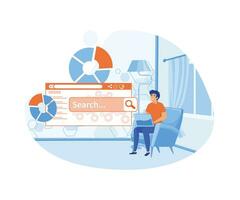 Woman analyst studies data, selects keywords and optimizes site for popular search queries. flat vector modern illustration