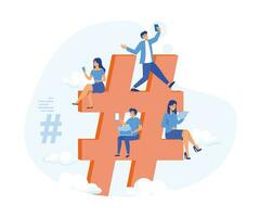 Hashtag concept illustration of young people using mobile tablet and smartphone for sending posts and sharing them in social media. flat vector modern illustration