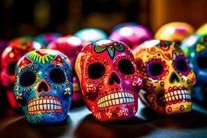 multicolored dia de los muertos or day of the dead calavera sugar skull souvenirs, AI Generative photo