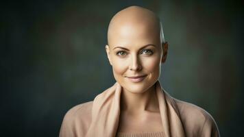 fictiional mid adult woman with bald head as breast cancer survivor, AI Generative photo