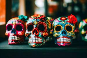 dia de los muertos or day of the dead calavera sugar skull souvenirs, AI Generative photo