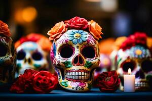 dia de los muertos or day of the dead calavera sugar skull souvenirs with flower decoration and candle, AI Generative photo