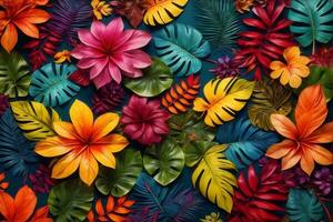 Colorful Tropical Leaves and Flowers, Tropical Flower Background, Exotic Leaves Background, Tropical Flower Wallpaper, AI Generative photo