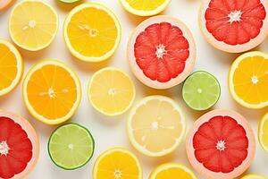 Colorful top view of a selection of organic lemons and grapefruits on a white background. Generative AI photo