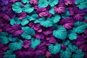 Purple and Cyan Colorful Leaves Background, Leaves Background, Leaves Wallpaper, Leaves Pattern, Fallen leaves Background, AI Generative photo