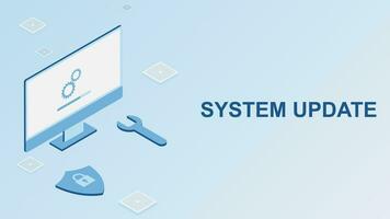 Desktop system update concept with isometric computer. Updating computer software design background. Vector illustration.