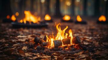 Nature's heat ignites a wild flame in the ground, dancing among the ash and charcoal of a bonfire, building a fiery oasis in the outdoor world, AI Generative photo