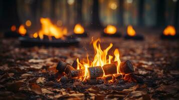 de la naturaleza calor enciende un salvaje fuego en el suelo, bailando entre el ceniza y carbón de un hoguera, edificio un ardiente oasis en el al aire libre mundo, ai generativo foto