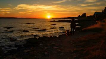 un mujer y perro en un playa a atardecer, ai generativo foto