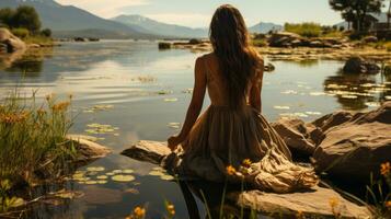 A free-spirited woman basks in the untamed beauty of nature, her dress blending with the wildflowers as she sits upon the rocks, surrounded by the tranquil waters of a lake at sunset, AI Generative photo