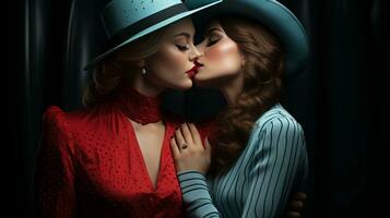 In an indoor portrait, two women clad in fashion-forward clothing and headgear passionately embrace, their red lips meeting in a wild display of love and style, AI Generative photo