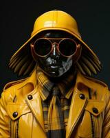 A bold and stylish individual stands out in a crowd with their yellow coat and sunglasses, radiating confidence and exuding an air of mystery and glamour, AI Generative photo