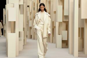 Models walk the runway in light black and beige clothing with a normcore style. The clothes feature textured pigment planes and are inspired by the 1970s. Generative AI photo