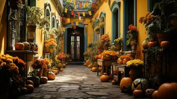 A vibrant fall scene, where pumpkins and gourds line the ground, flowerpots overflowing with autumn blooms, all leading down a whimsical walkway towards a charming building, AI Generative photo