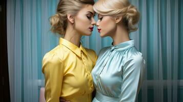 Two women share a passionate kiss as they stand in front of a wall, their elegant dresses and stylish hairstyles adding to the intensity of the moment, AI Generative photo