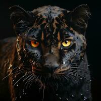 un negro leopardo con amarillo ojos en el oscuro ai generativo foto